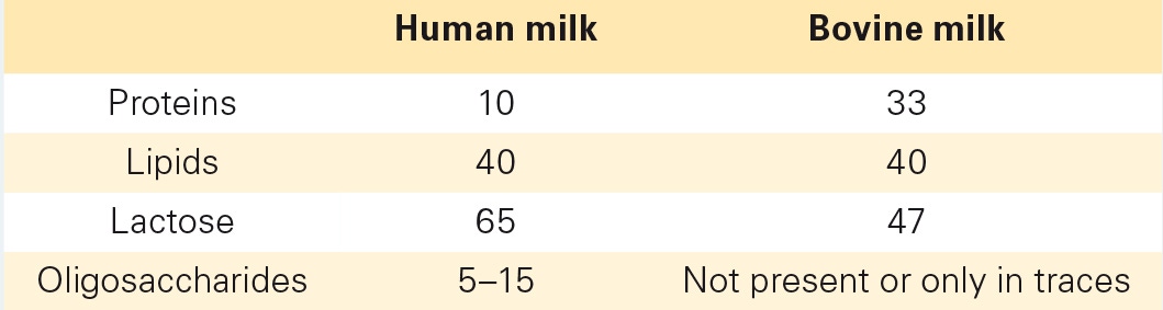 Composition of major components in human and
bovine milk (in g/l)