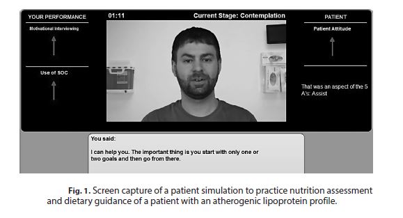 Screen capture of a patient simulation to practice nutrition assessment and dietary guidance of a patient with an atherogenic lipoprotein profile.