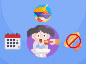 toddler surrounded with calendar, textured food, allergen containing food images