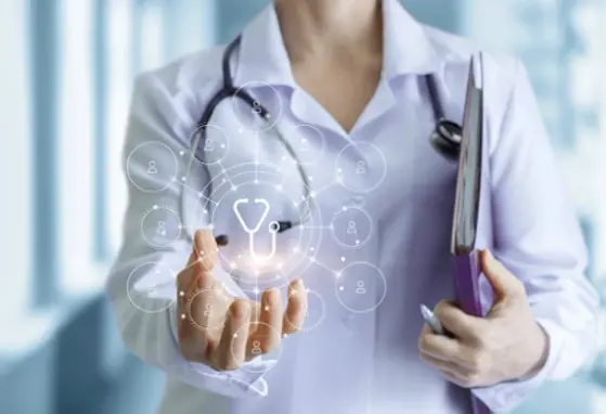 Navigating the Digital Landscape: Social Media, Medical Doctors and Ethics Doctor with stethoscope and digital healthcare icons.