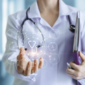 Doctor with stethoscope and digital healthcare icons.